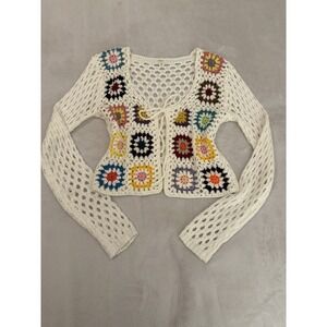 Debut‎ Cropped Crochet Cardigan Size XS Colorful White Fairy Open Knit Festival